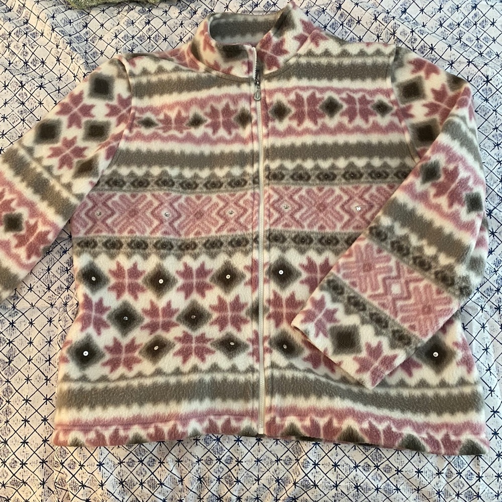 Alfred Dunner Pink/Green Zip Sweater